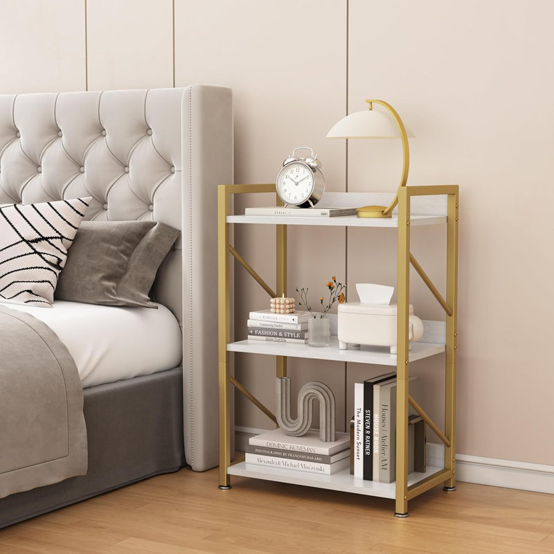 Everly Quinn Small Bookshelf For Small Spaces 3 Tier Bookcase Narrow Gold Book Shelf Small Shelf Open Display Rack For Bedroom Living Room Home Office White Gold Wayfair